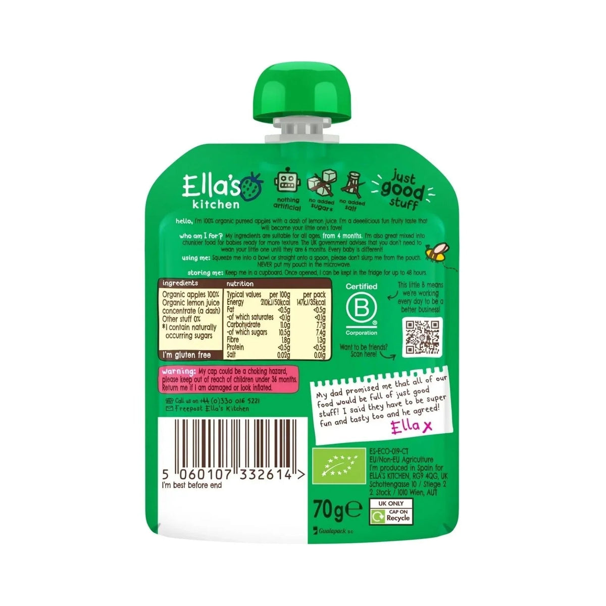 Ella's Kitchen Organic Apples First Tastes Baby Food Pouch 4+ months 70g | Luxury Home Accessories | Heulog Glow