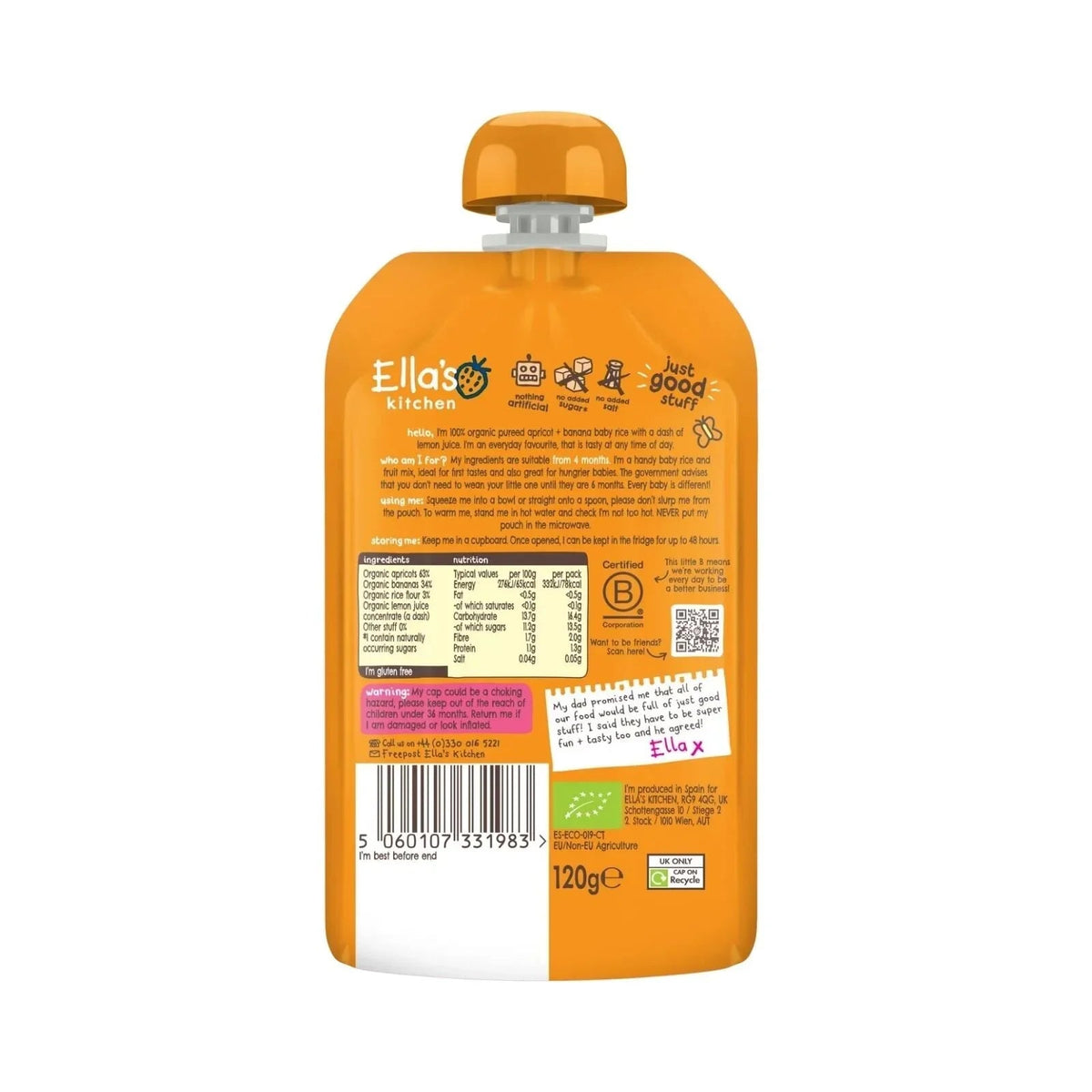 Ella's Kitchen Organic Apricot & Banana Baby Rice Baby Food Pouch 4+ months 120g | Luxury Home Accessories | Heulog Glow