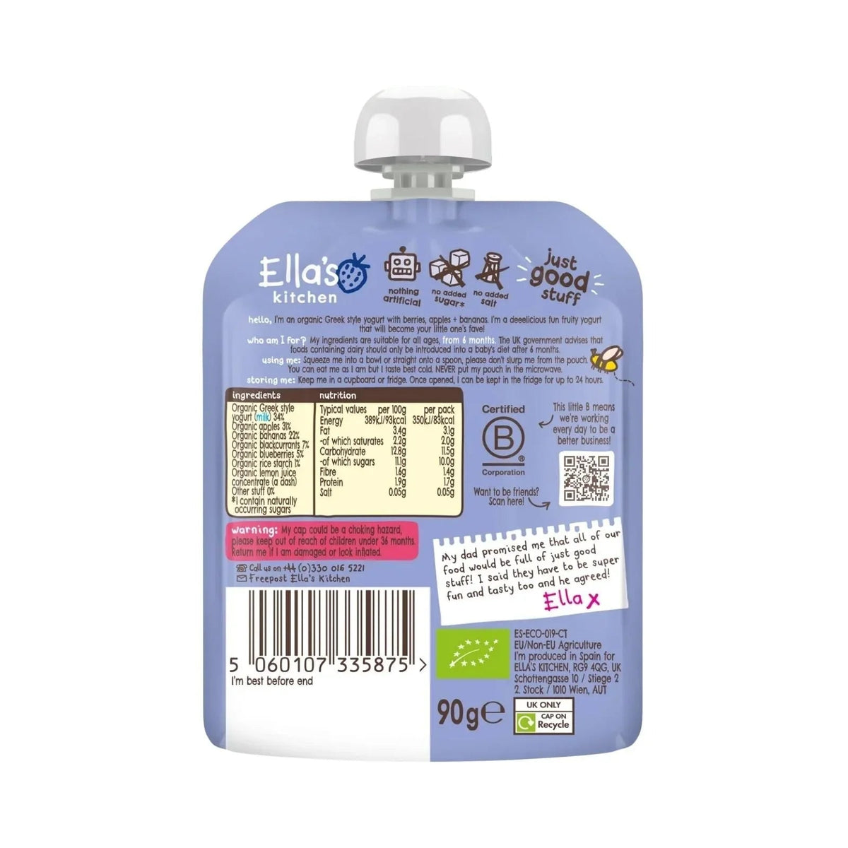 Ella's Kitchen Organic Berry Greek Style Yoghurt Baby Food Pouch 6+ months 90g | Luxury Home Accessories | Heulog Glow