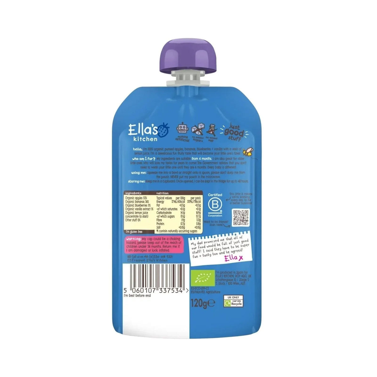 Ella's Kitchen Organic Blueberries Apples Bananas & Vanilla Baby Food Pouch 4+ months 120g | Luxury Home Accessories | Heulog Glow