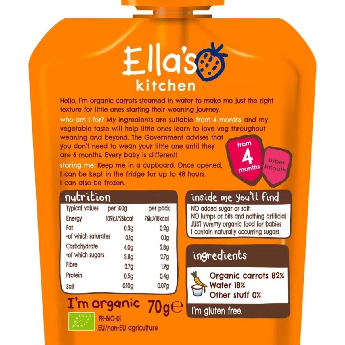 Ella's Kitchen Organic Carrots First Taste Baby Food Pouch 4+ months 70g | Luxury Home Accessories | Heulog Glow