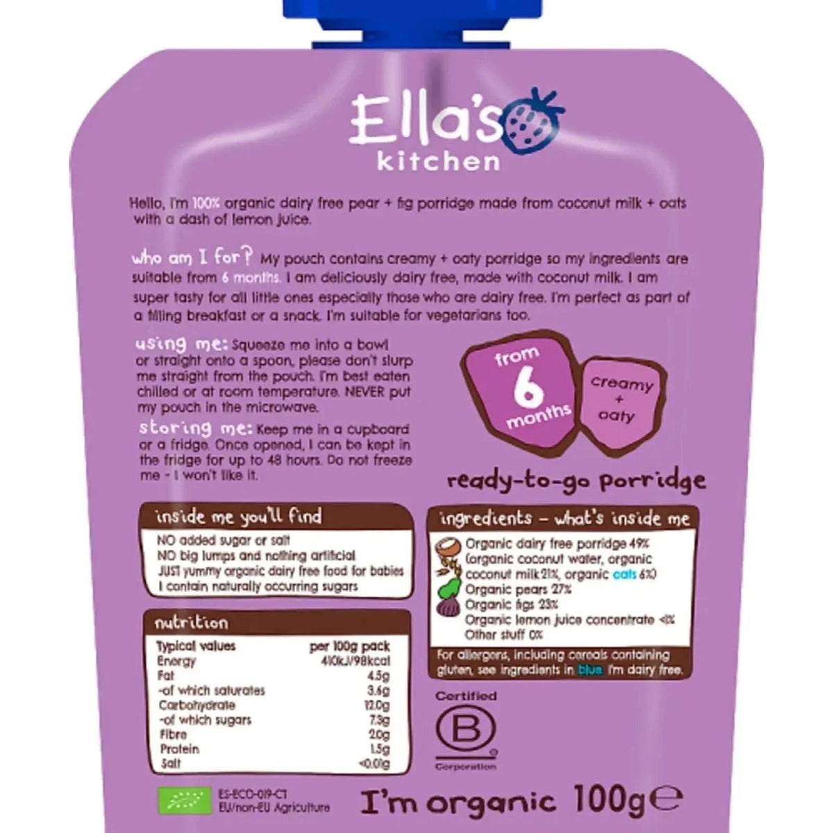 Ella's Kitchen Organic Dairy Free Pear & Fig Porridge Baby Food Pouch 6+ months 100g | Luxury Home Accessories | Heulog Glow