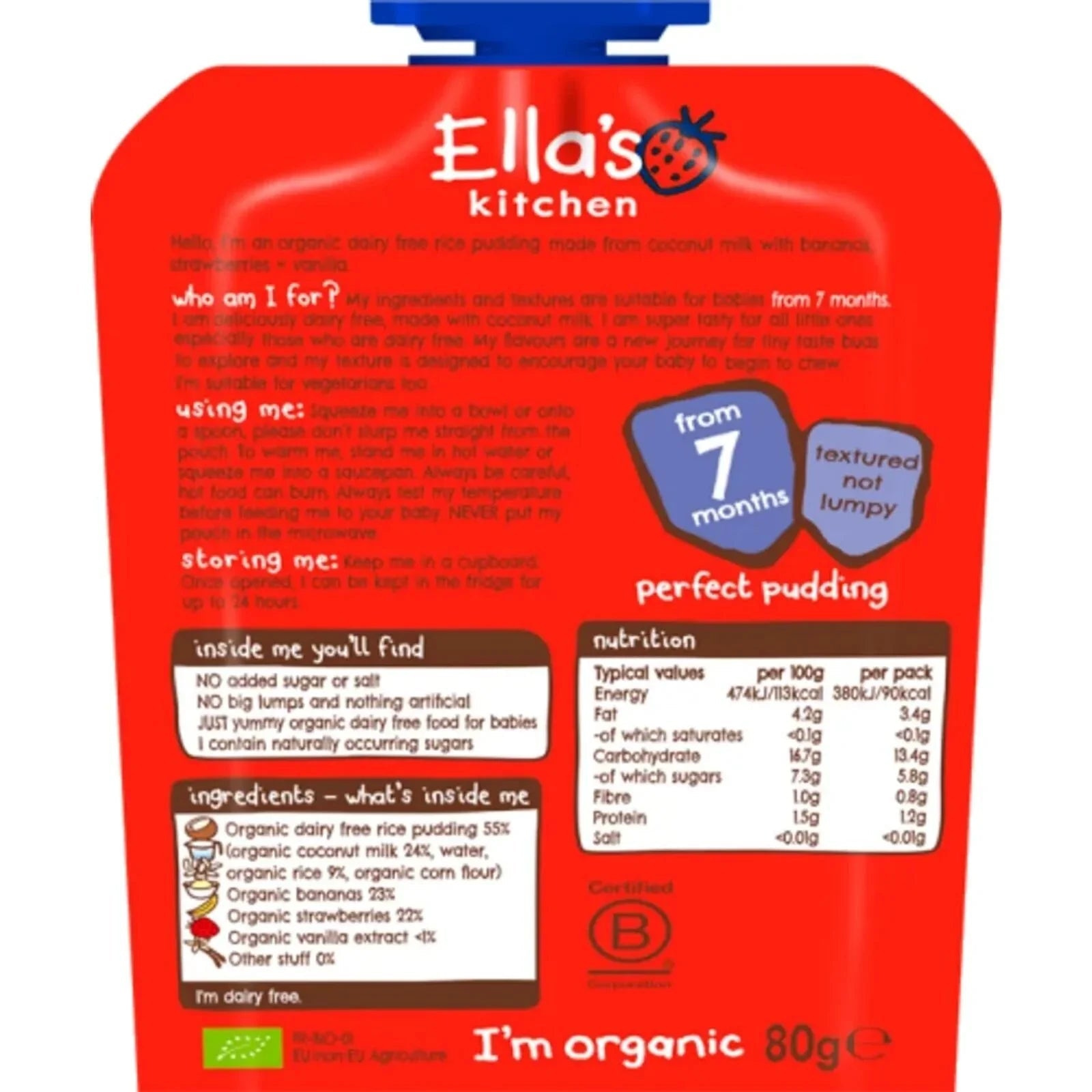Ella's Kitchen Organic Dairy Free Rice Pudding with Bananas & Strawberries Baby Pouch 7+ months 80g | Luxury Home Accessories | Heulog Glow