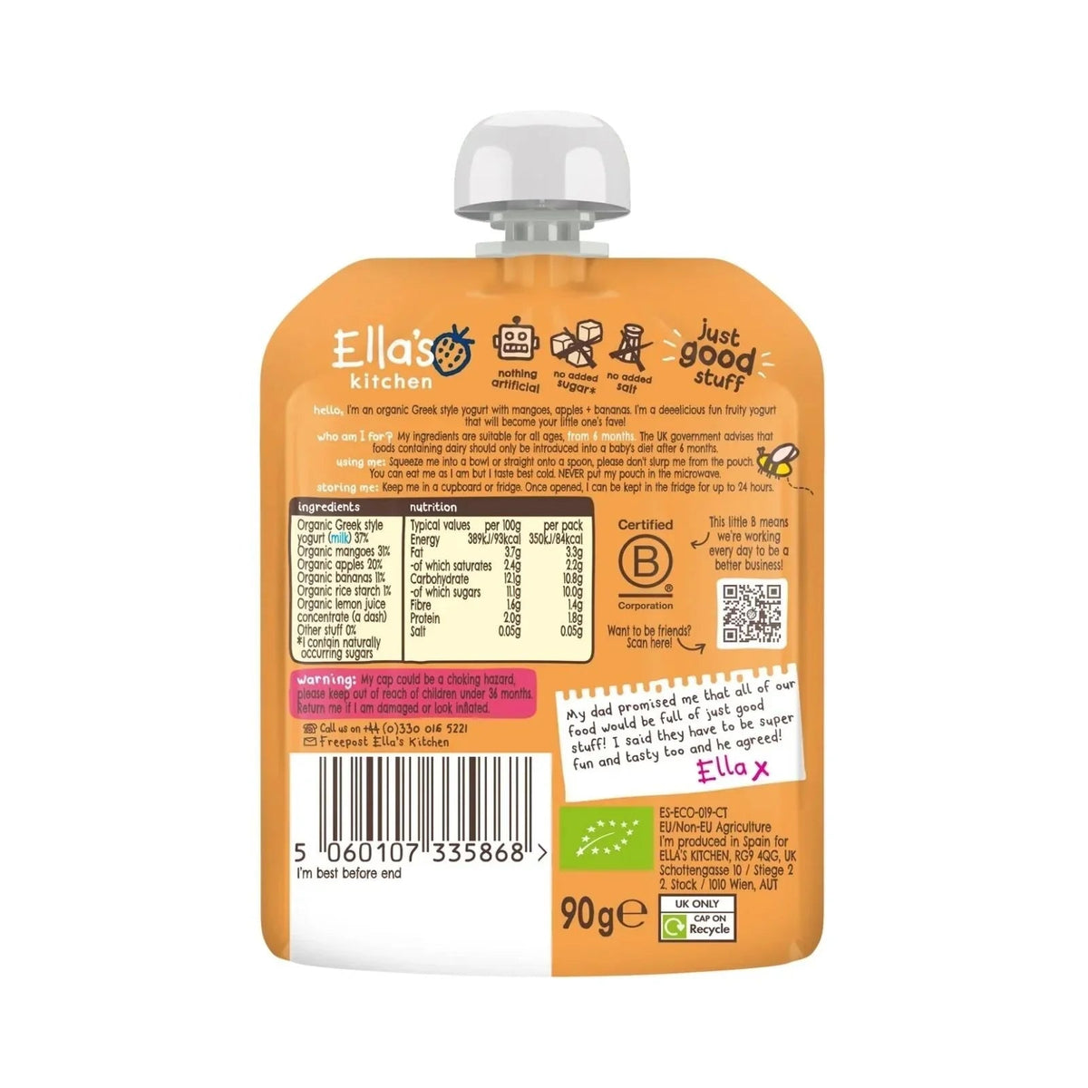Ella's Kitchen Organic Mango Greek Style Yoghurt Baby Food Pouch 6+ months 90g | Luxury Home Accessories | Heulog Glow