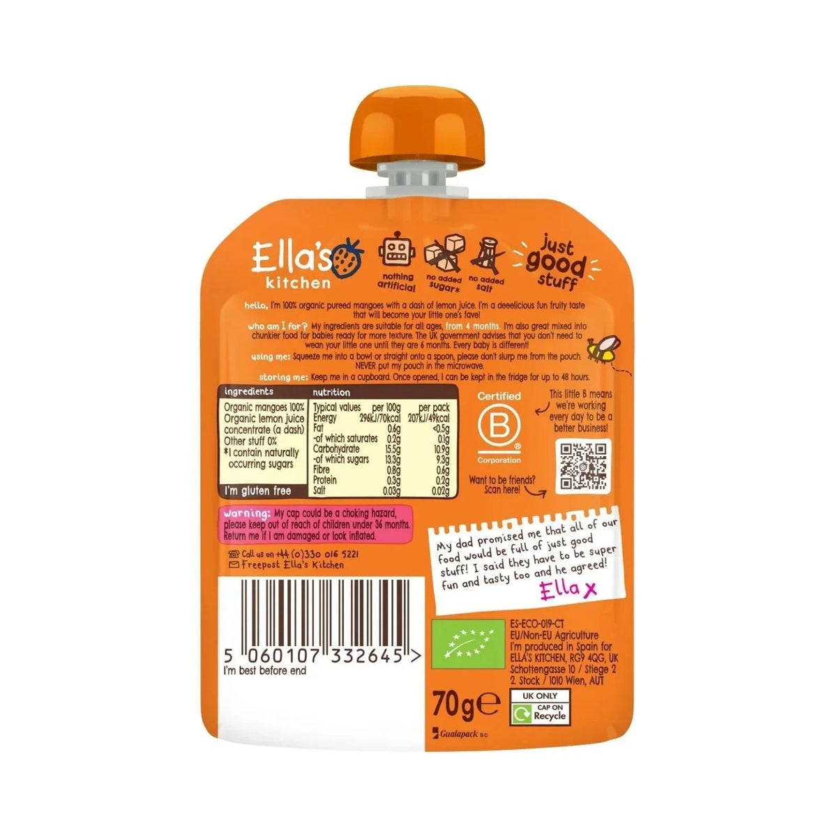 Ella's Kitchen Organic Mangoes First Tastes Baby Food Pouch 4+ months 70g | Luxury Home Accessories | Heulog Glow
