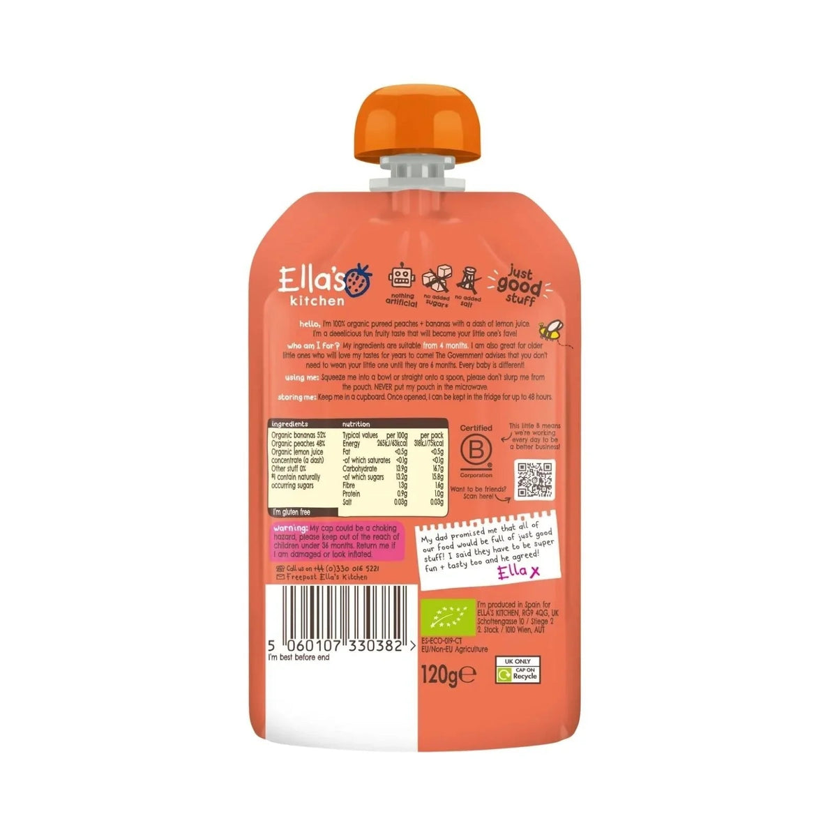 Ella's Kitchen Organic Peaches & Bananas Baby Food Pouch 4+ months 120g | Luxury Home Accessories | Heulog Glow