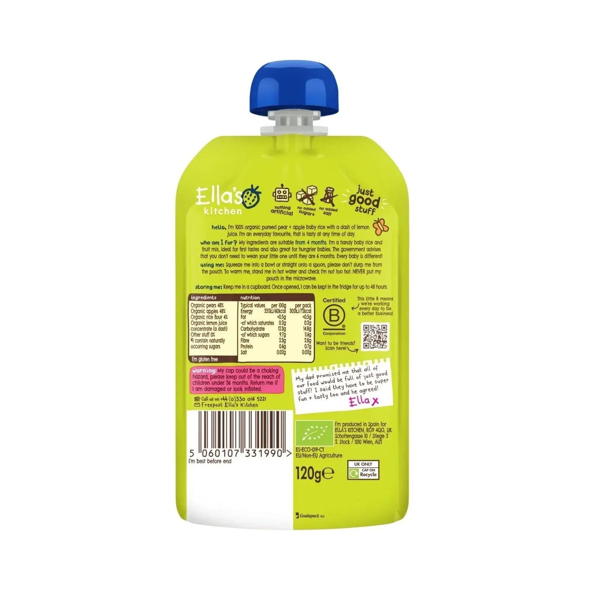 Ella's Kitchen Organic Pear & Apple Baby Rice Baby Pouch 4+ months 120g | Luxury Home Accessories | Heulog Glow