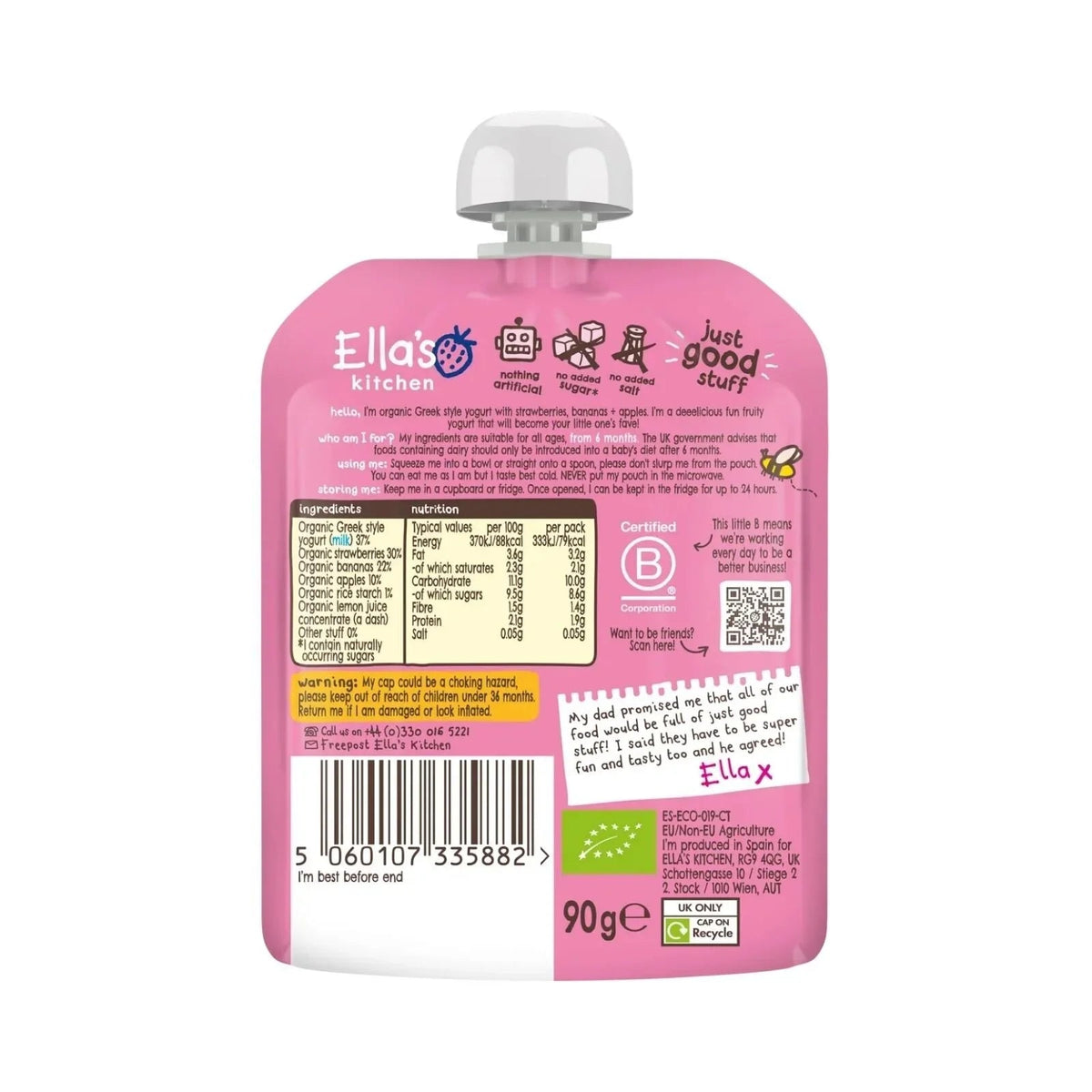 Ella's Kitchen Organic Strawberry Greek Style Yoghurt Baby Food Pouch 6+ months 90g | Luxury Home Accessories | Heulog Glow