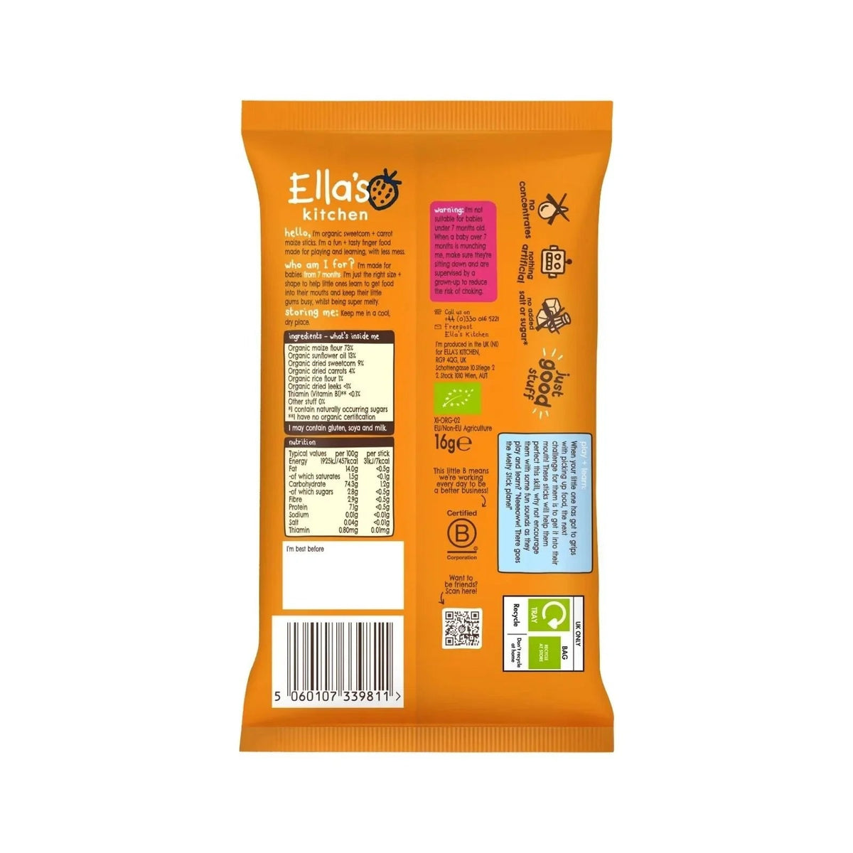 Ella's Kitchen Organic Sweetcorn & Carrot Melty Sticks Baby Snack 7+ months 16g | Luxury Home Accessories | Heulog Glow