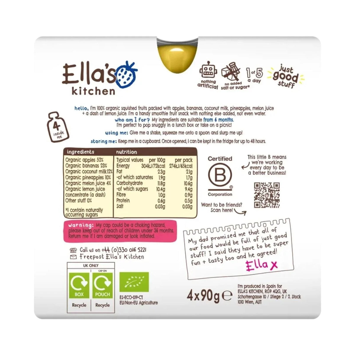 Ella's Kitchen Organic The White One Smoothie Multipack Baby Food Pouch 6+ months 360g (4x90g) | Luxury Home Accessories | Heulog Glow