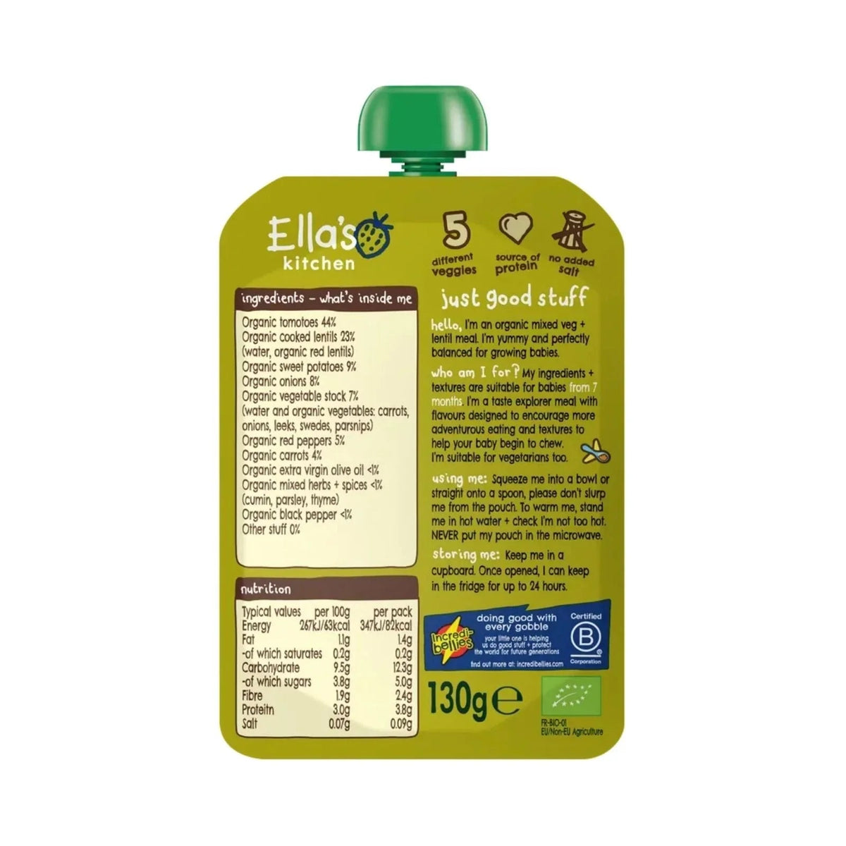 Ella's Kitchen Organic Vegetable & Lentil Bake Baby Food Pouch 7+ months 130g | Luxury Home Accessories | Heulog Glow
