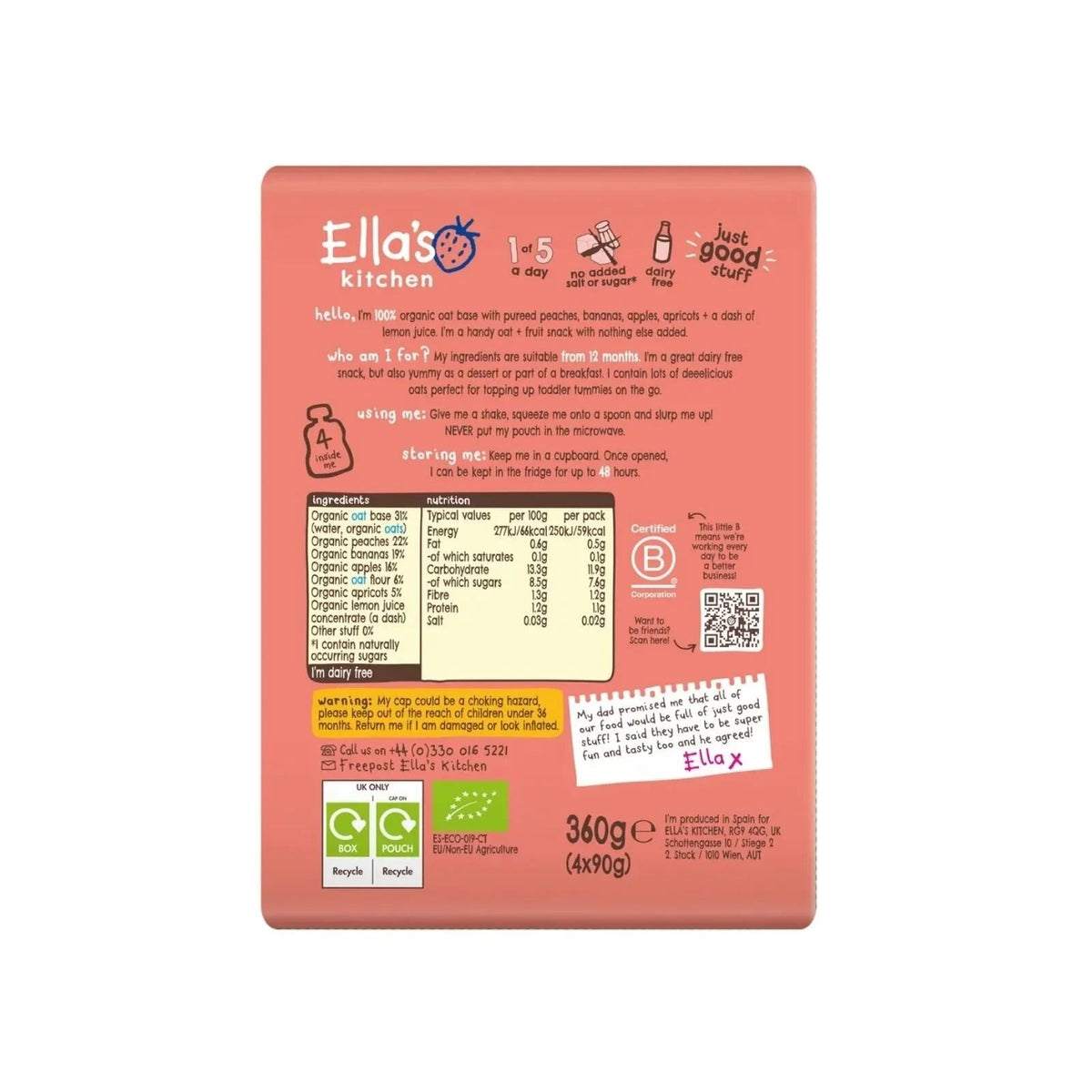 Ella's Kitchen Peach & Banana Oaty Smooshy 12+ months 360g (4x90g) | Luxury Home Accessories | Heulog Glow
