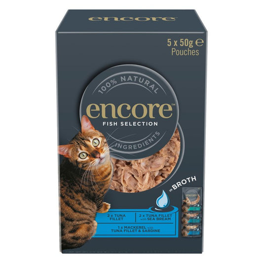 Encore Adult Wet Cat Food Pouch Fish Selection in Broth 5x50g | Luxury Home Accessories | Heulog Glow