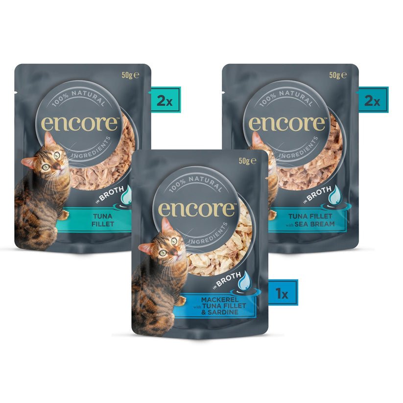 Encore Adult Wet Cat Food Pouch Fish Selection in Broth 5x50g | Luxury Home Accessories | Heulog Glow