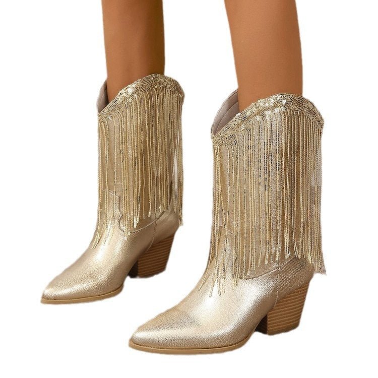 European And American Fashion Middle Fashion Boots Female Retro Chunky Heel Pleated Western Knight | Luxury Home Accessories | Heulog Glow