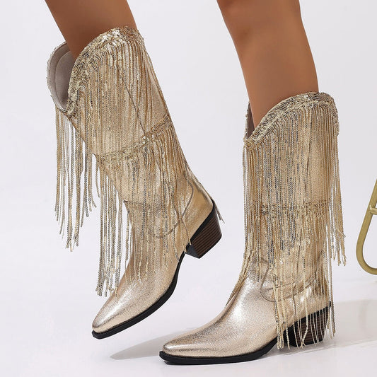 European And American Fashion Middle Fashion Boots Female Retro Chunky Heel Pleated Western Knight | Luxury Home Accessories | Heulog Glow