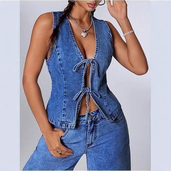 European And American Style Fashionable Slim-Fit Washed Denim Lace-Up Womens Denim Vest | Luxury Home Accessories | Heulog Glow