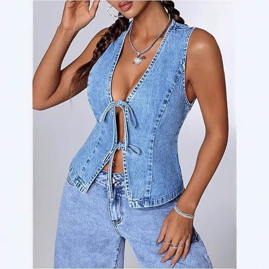 European And American Style Fashionable Slim-Fit Washed Denim Lace-Up Womens Denim Vest | Luxury Home Accessories | Heulog Glow