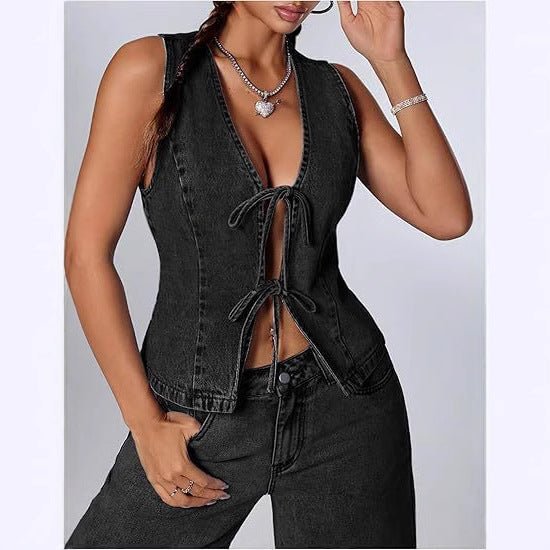 European And American Style Fashionable Slim-Fit Washed Denim Lace-Up Womens Denim Vest | Luxury Home Accessories | Heulog Glow