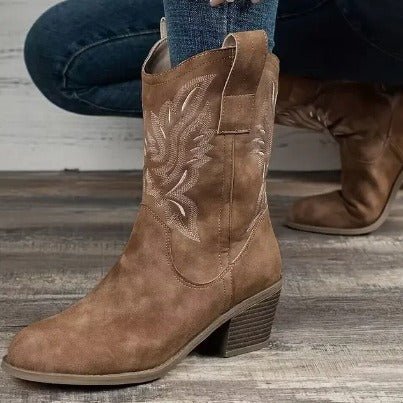 Fashion Chunky-heeled Pointed Toe Boots Winter Ethnic Style Embroidered Mid-Tube Western Shoes Women | Luxury Home Accessories | Heulog Glow