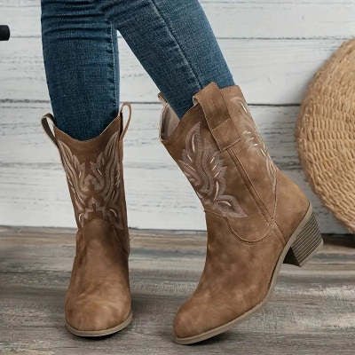 Fashion Chunky-heeled Pointed Toe Boots Winter Ethnic Style Embroidered Mid-Tube Western Shoes Women | Luxury Home Accessories | Heulog Glow