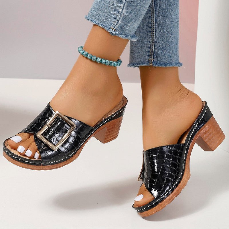 Fashion Crocodile-textured Buckle Sandals Square Chunky Heel Peep-toe Slides Slippers Women Shoes | Luxury Home Accessories | Heulog Glow