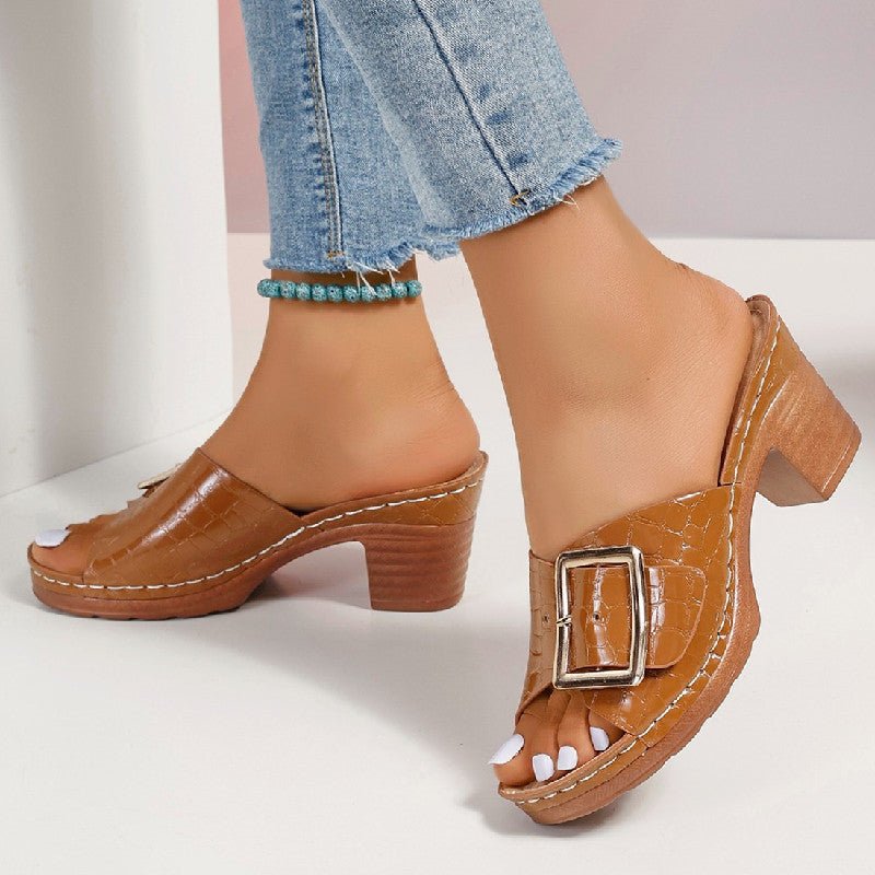 Fashion Crocodile-textured Buckle Sandals Square Chunky Heel Peep-toe Slides Slippers Women Shoes | Luxury Home Accessories | Heulog Glow