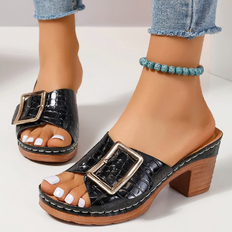 Fashion Crocodile-textured Buckle Sandals Square Chunky Heel Peep-toe Slides Slippers Women Shoes | Luxury Home Accessories | Heulog Glow