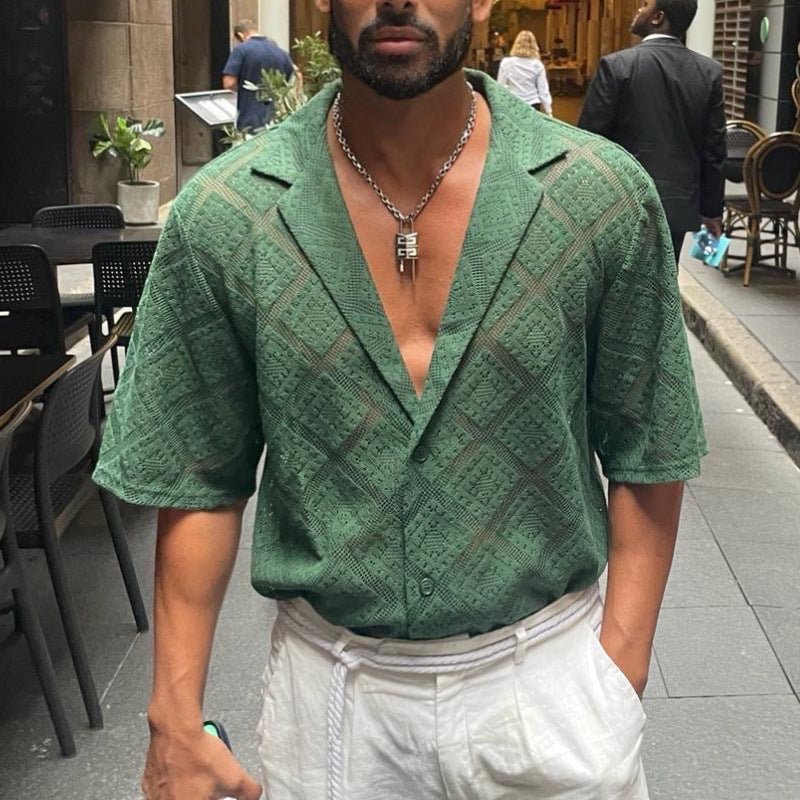 Fashion Mens Clothing Men's Hollow-out Breathable Short-sleeved Lapel Casual Shirt | Luxury Home Accessories | Heulog Glow