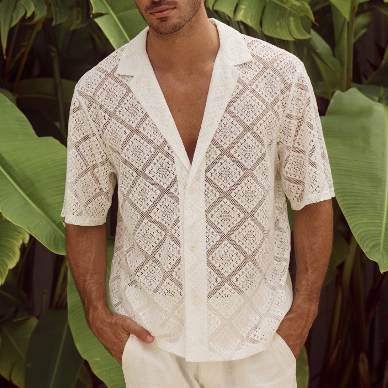 Fashion Mens Clothing Men's Hollow-out Breathable Short-sleeved Lapel Casual Shirt | Luxury Home Accessories | Heulog Glow