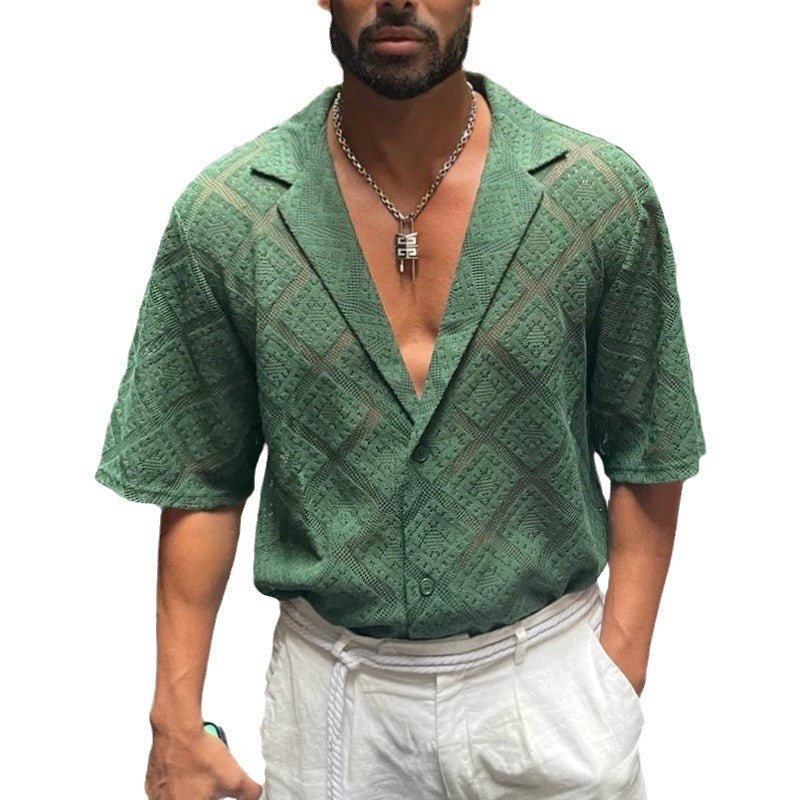 Fashion Mens Clothing Men's Hollow-out Breathable Short-sleeved Lapel Casual Shirt | Luxury Home Accessories | Heulog Glow