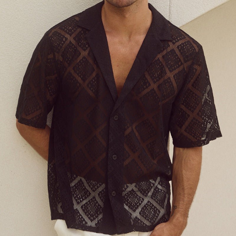 Fashion Mens Clothing Men's Hollow-out Breathable Short-sleeved Lapel Casual Shirt | Luxury Home Accessories | Heulog Glow