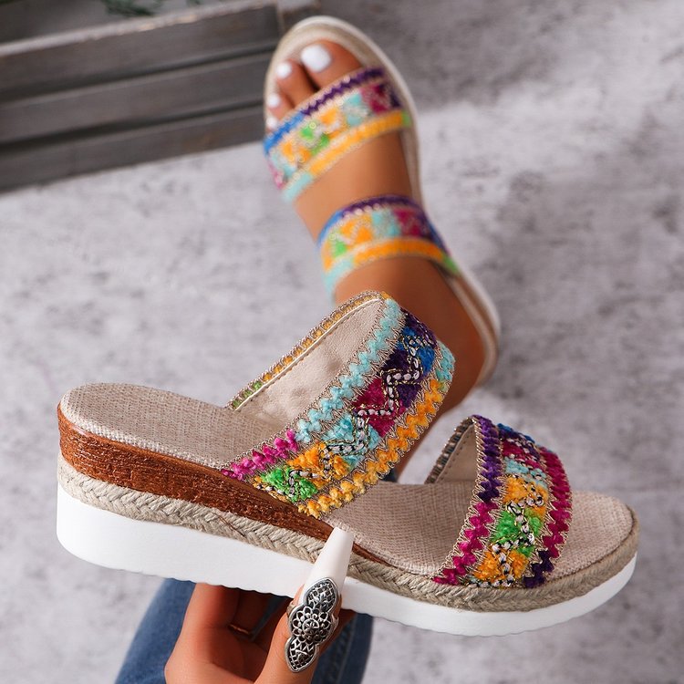 Fashion Wavy Pattern Woven Sandals Summer Casual Ethnic Style Slippers Linen Bottom Wide Strap Wedges Shoes For Women | Luxury Home Accessories | Heulog Glow