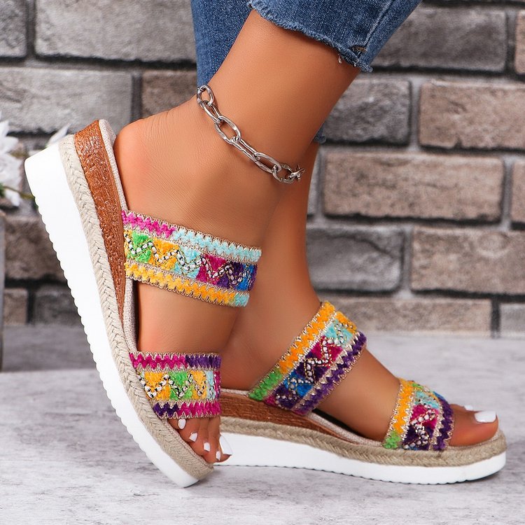 Fashion Wavy Pattern Woven Sandals Summer Casual Ethnic Style Slippers Linen Bottom Wide Strap Wedges Shoes For Women | Luxury Home Accessories | Heulog Glow