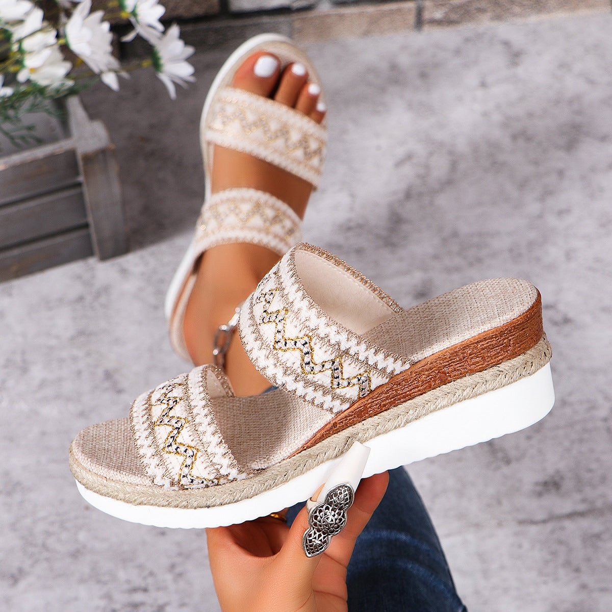 Fashion Wavy Pattern Woven Sandals Summer Casual Ethnic Style Slippers Linen Bottom Wide Strap Wedges Shoes For Women | Luxury Home Accessories | Heulog Glow