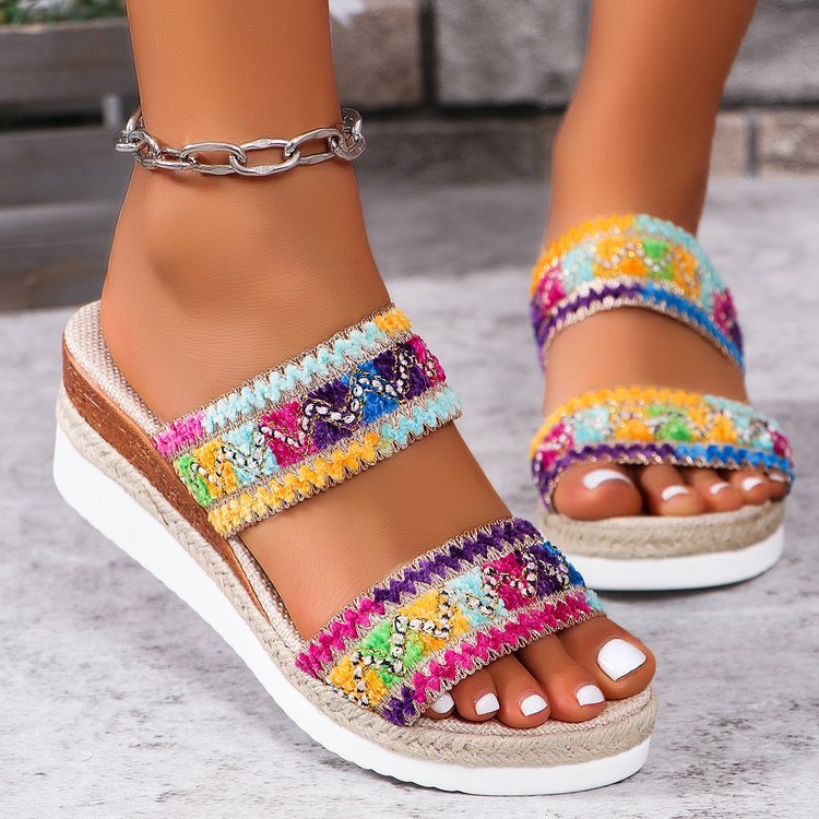 Fashion Wavy Pattern Woven Sandals Summer Casual Ethnic Style Slippers Linen Bottom Wide Strap Wedges Shoes For Women | Luxury Home Accessories | Heulog Glow