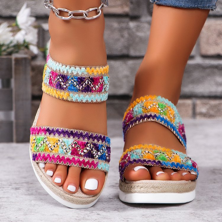 Fashion Wavy Pattern Woven Sandals Summer Casual Ethnic Style Slippers Linen Bottom Wide Strap Wedges Shoes For Women | Luxury Home Accessories | Heulog Glow