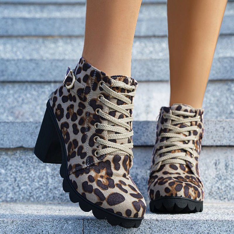 Fashoin Leopard Print Ankle Square Heel Suede Lace-up Zip Boots Women Casual Versatile Shoes Autumn And Winter | Luxury Home Accessories | Heulog Glow