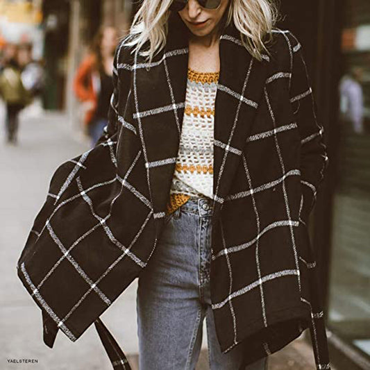 Lace-up Plaid Color Matching Woolen Coat Mid-length Trench Coat For Women