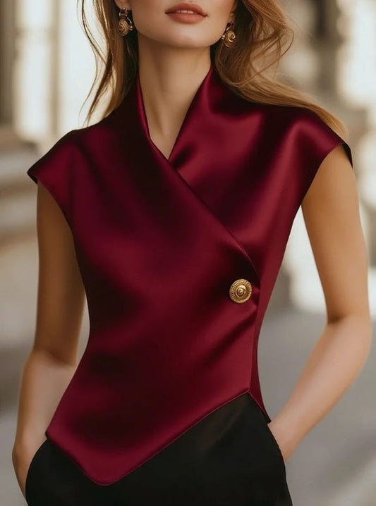Women's Elegant Cap Sleeve Satin Wrap Blouse - Sculpted Silhouette Top