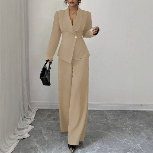 Solid-color Long-sleeve Straight-leg Pants Set For Women