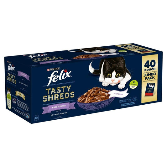Felix Tasty Shreds Mixed Selection in Gravy Pouches 40 x 80g | Luxury Home Accessories | Heulog Glow