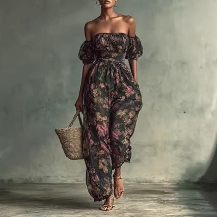Floral Design Ruched Puff Sleeves Floral Print Jumpsuit With High Waist | Luxury Home Accessories | Heulog Glow