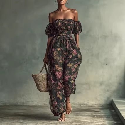 Floral Design Ruched Puff Sleeves Floral Print Jumpsuit With High Waist | Luxury Home Accessories | Heulog Glow