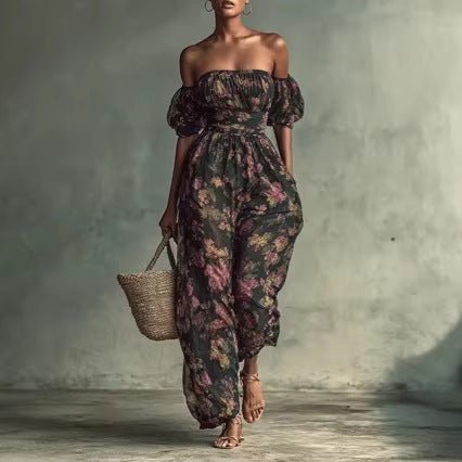Floral Design Ruched Puff Sleeves Floral Print Jumpsuit With High Waist | Luxury Home Accessories | Heulog Glow