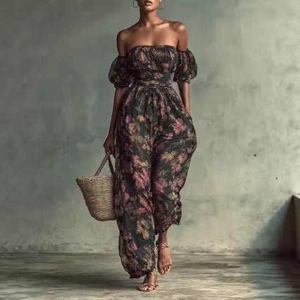 Floral Design Ruched Puff Sleeves Floral Print Jumpsuit With High Waist | Luxury Home Accessories | Heulog Glow