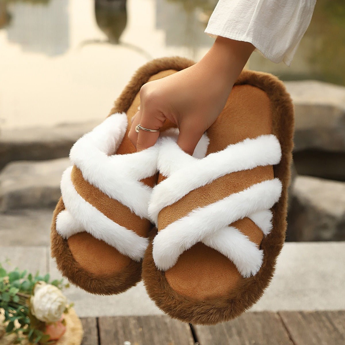 Fluffy Slippers Cross Strap Stitching Warm Casual Platform Slippers | Luxury Home Accessories | Heulog Glow
