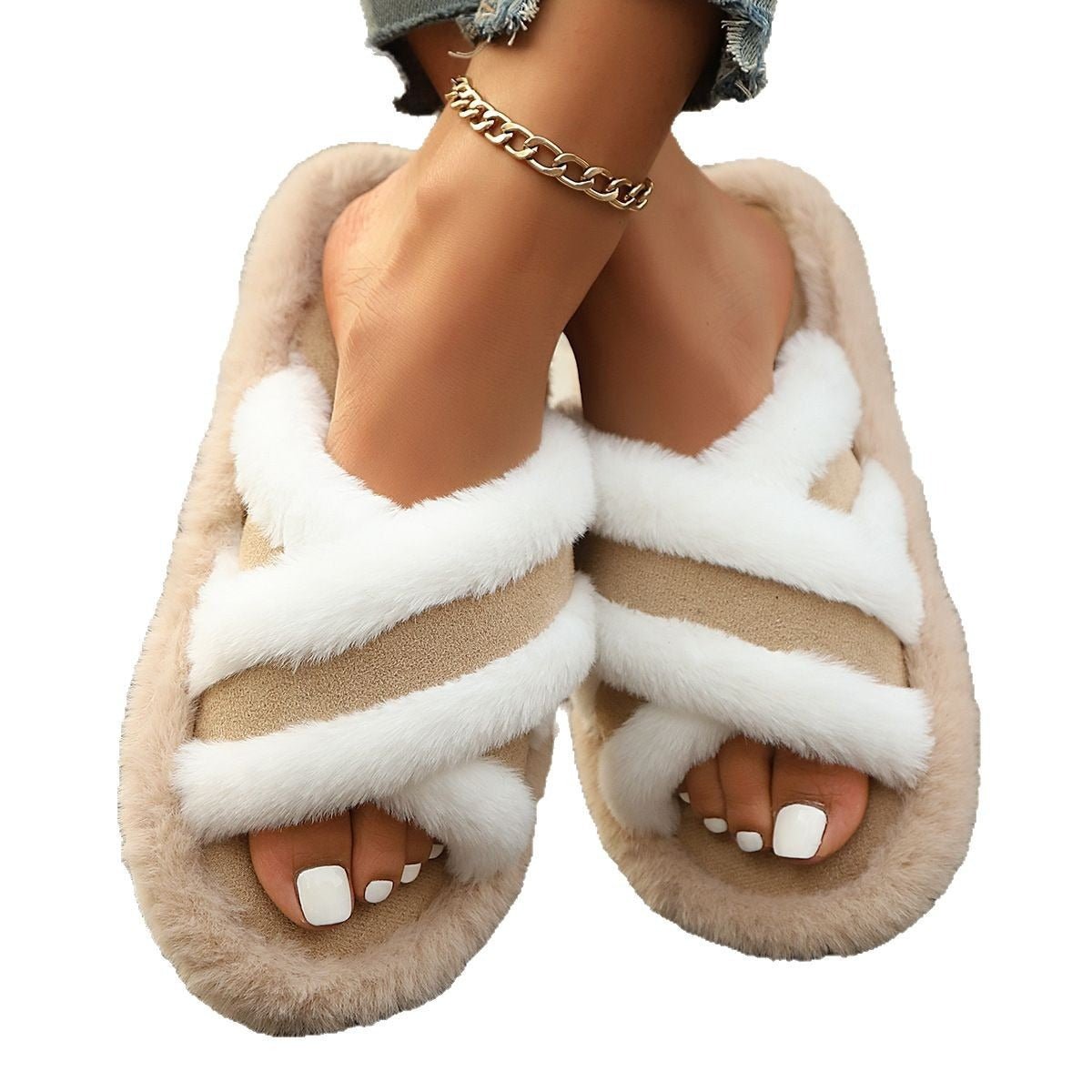 Fluffy Slippers Cross Strap Stitching Warm Casual Platform Slippers | Luxury Home Accessories | Heulog Glow