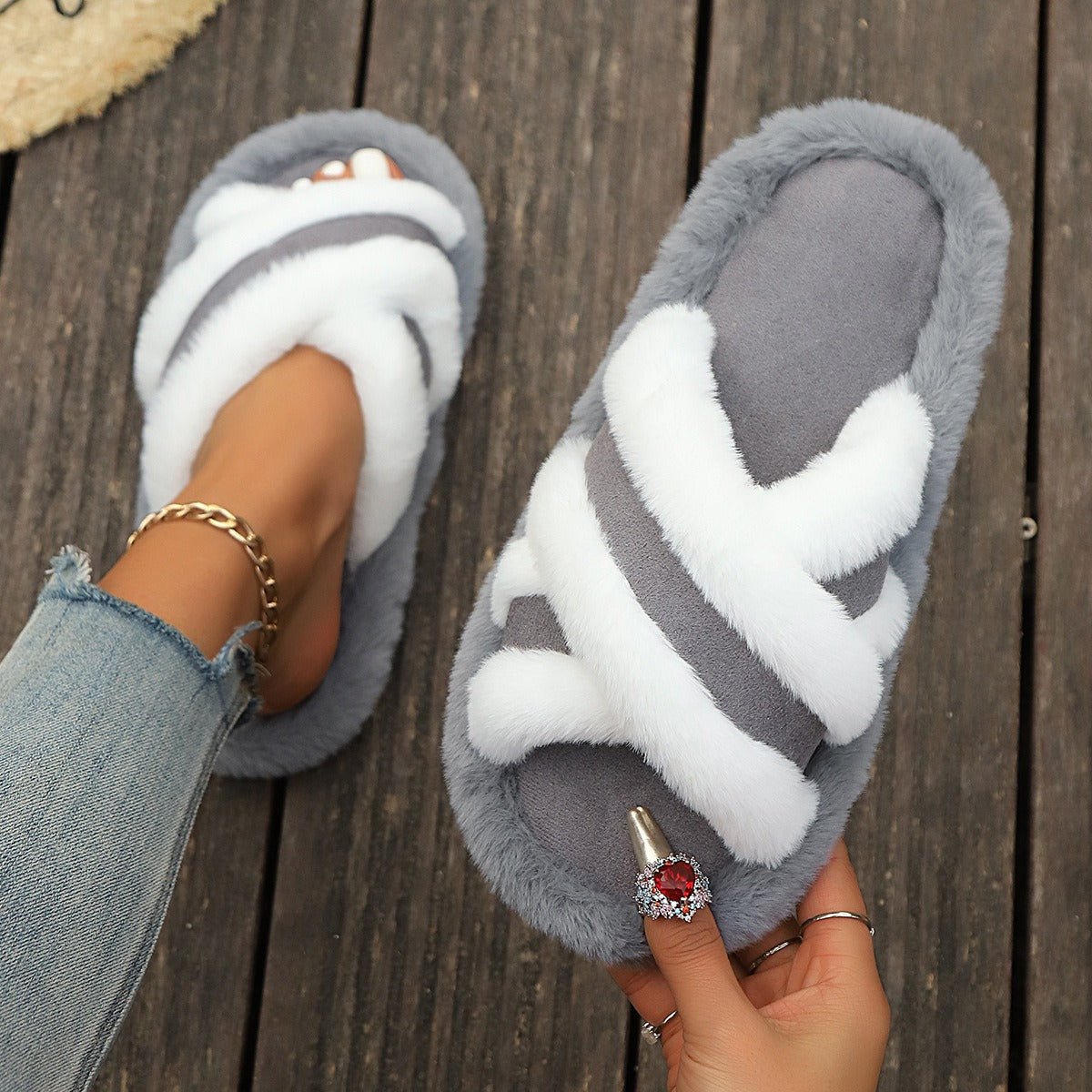 Fluffy Slippers Cross Strap Stitching Warm Casual Platform Slippers | Luxury Home Accessories | Heulog Glow