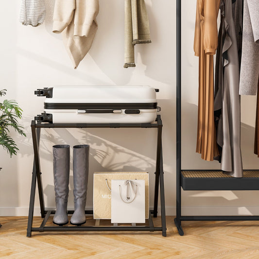 Folding Suitcase Stand with Storage Shelf for Guest Room Bedroom-Black